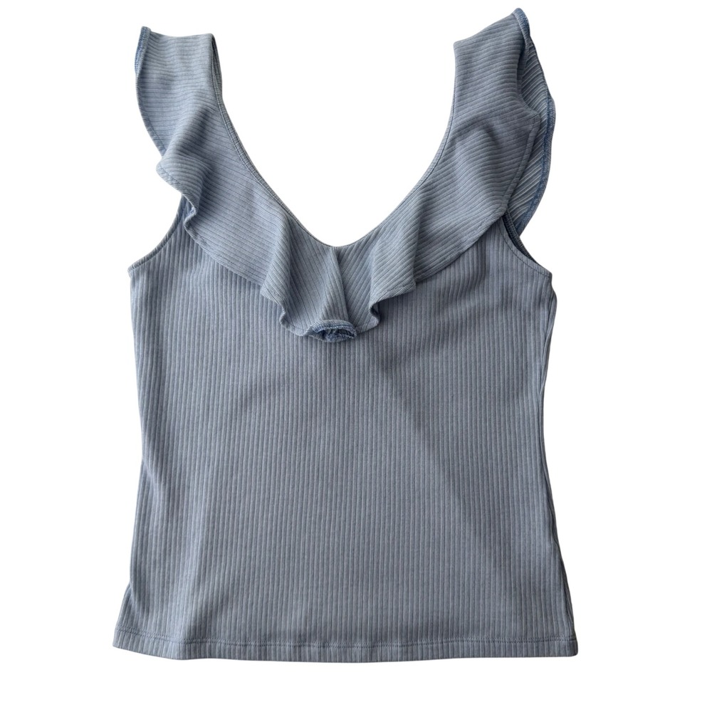 Joe Fresh Blue Ribbed Ruffle Knit Tank Top Coquette Soft Girl Womens Medium‎